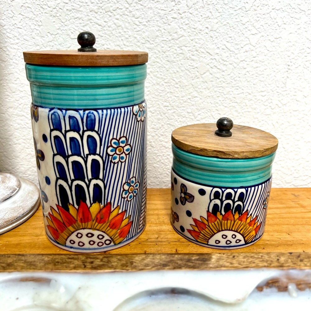 Pair Handcrafted artsy ceramic canister wooden lids